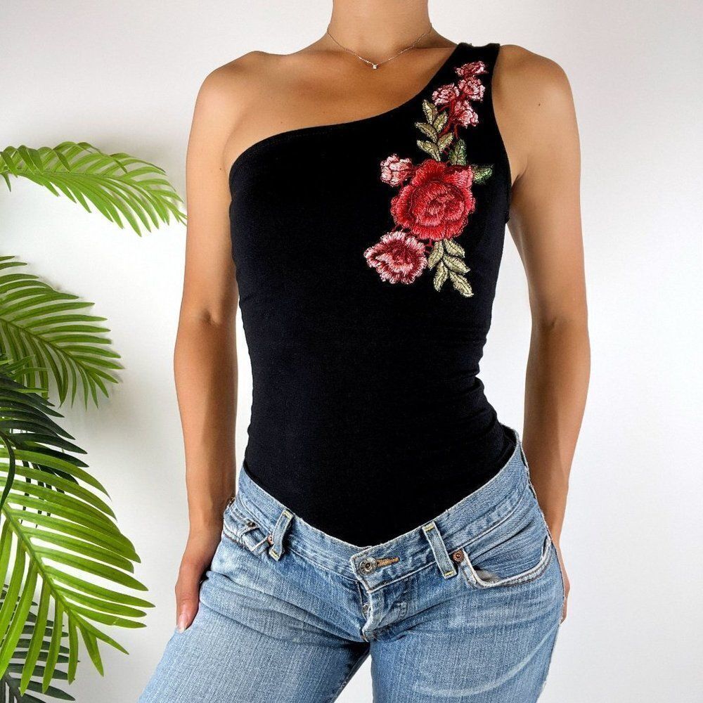 Vintage Y2K Black Floral Classy Romantic Grunge One Shoulder Bodysuit / Size: S